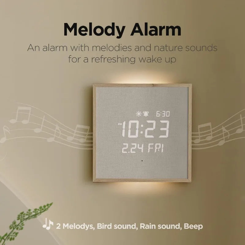 Wooden Frame LED Silent Wall Clock With Remote, Backlit Nightlight, Modern Digital LED Wall Clock Display Sunrise Alarm