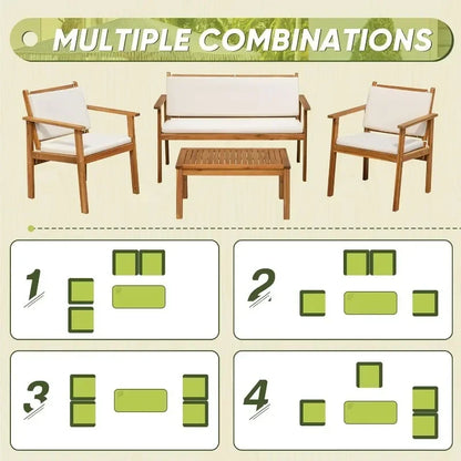 HOME Patio Furniture 4 Piece Outdoor Acacia Wood Patio Conversation Sofa Set with Table & Cushions Porch Furniture